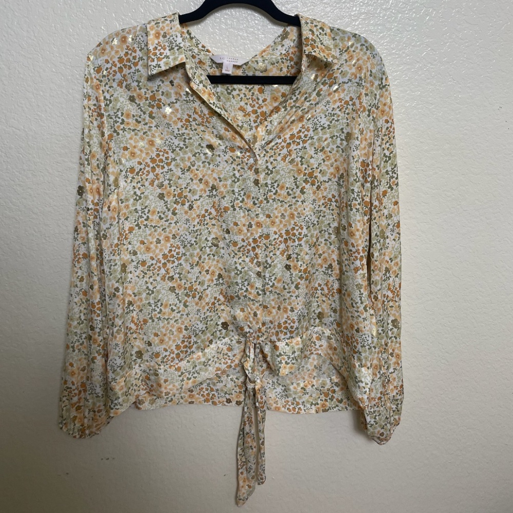 Tie Bottom Floral Shimmer Metallic Daisy Retro Button Chic Work Classy Blouse